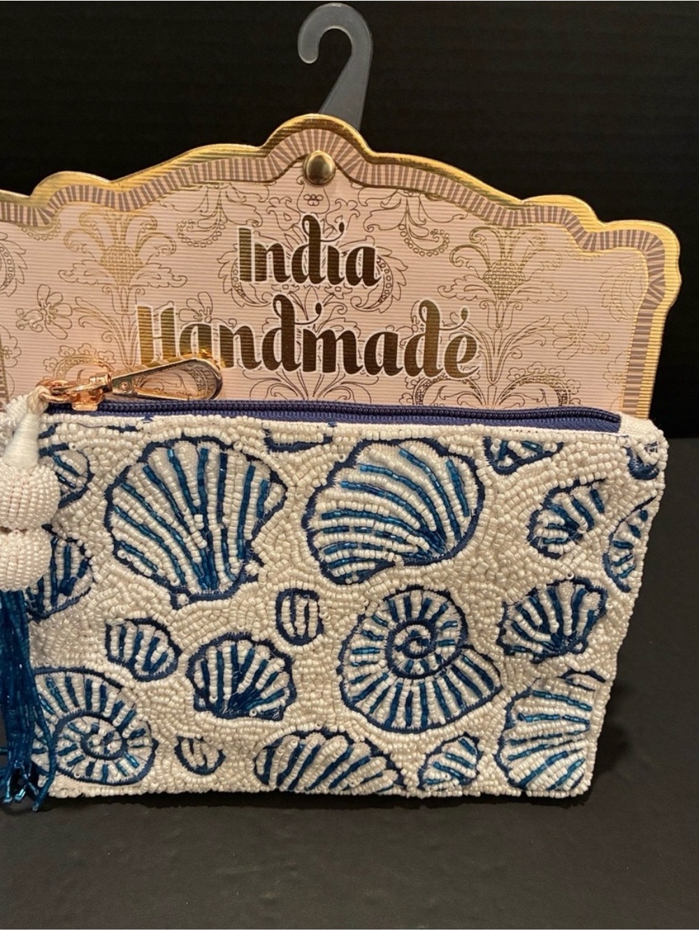 Made in India Beaded Shell 🐚 Cosmetic Pouch Blue and White